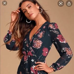 Lulus Navy Floral Print Long Sleeve Wrap Dress